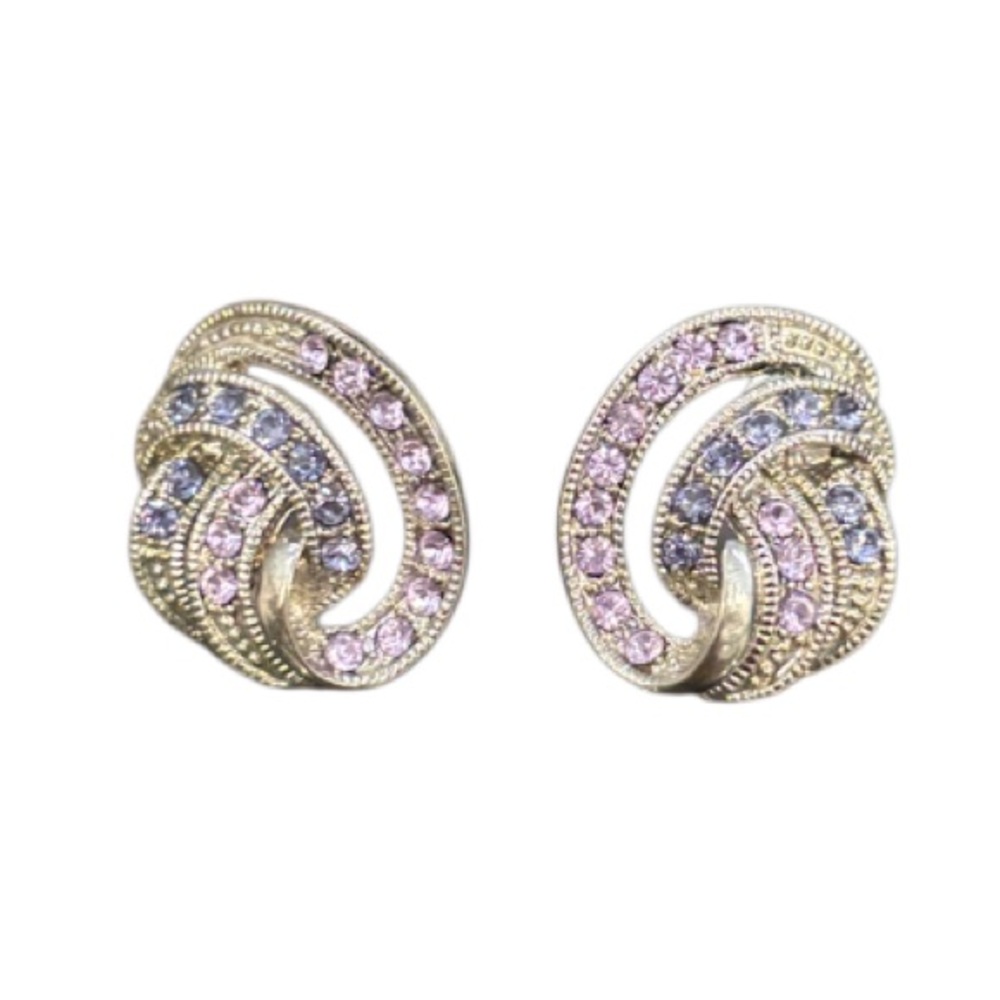Vintage Earrings Sparkling Pink Purple Crystal Cubic Zirconia Formal Swirl Knot - Picture 9 of 16